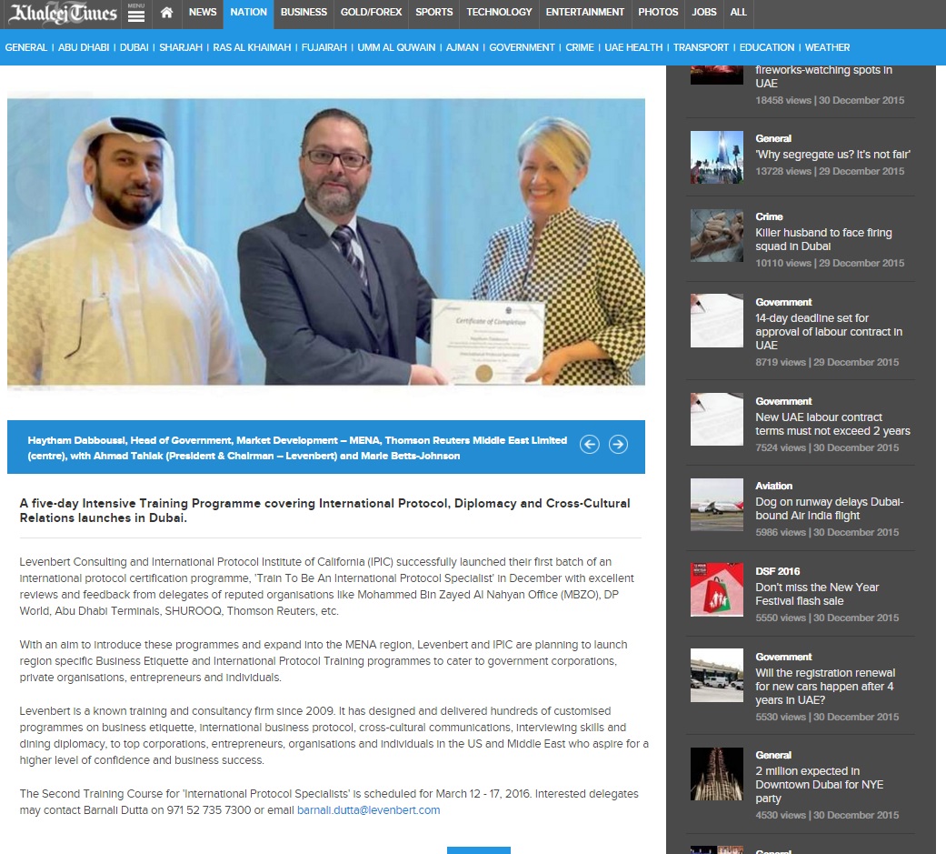 Khaleej Times, Dubai – Launch of Train To Be An International Protocol Specialist